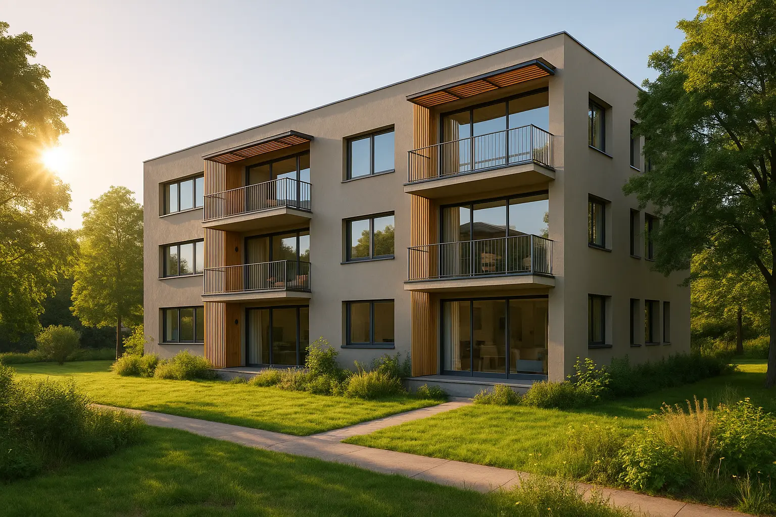 Modern multi-unit residential building integrated into a green environment